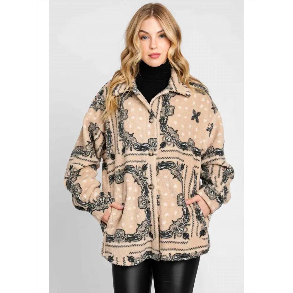 NEW ELLEBORN paisley sherpa button down jacket in beige